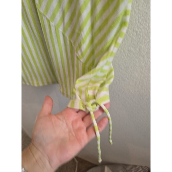 Chico’s Size 3 XL Green White Stripe Asymmetrical Tunic Top ShrtSlve LinenBlend - Picture 4 of 7